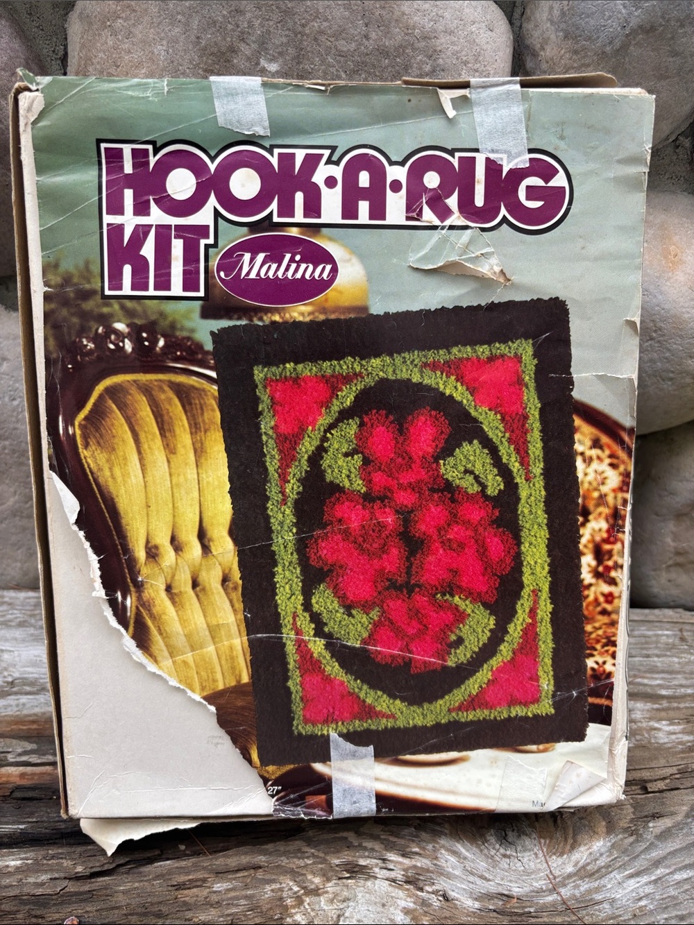 Vintage Malina Hook-A-Rug Kit Red/ Green Floral Accent Rug in Original Package
